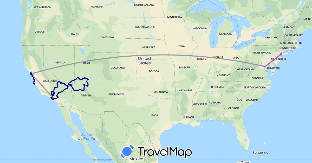 TravelMap itinerary: driving, plane, train in United States (North America)