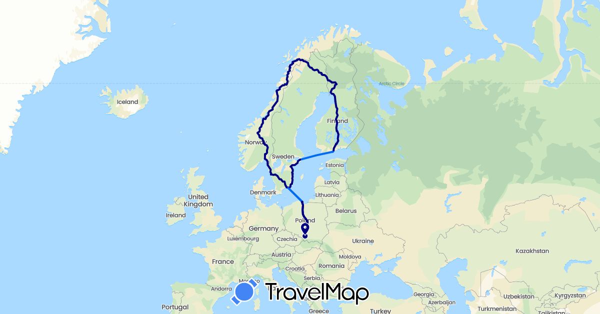 TravelMap itinerary: driving, ferry in Finland, Norway, Poland, Sweden (Europe)