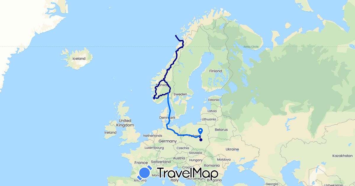 TravelMap itinerary: driving, ferry in Germany, Norway, Poland (Europe)